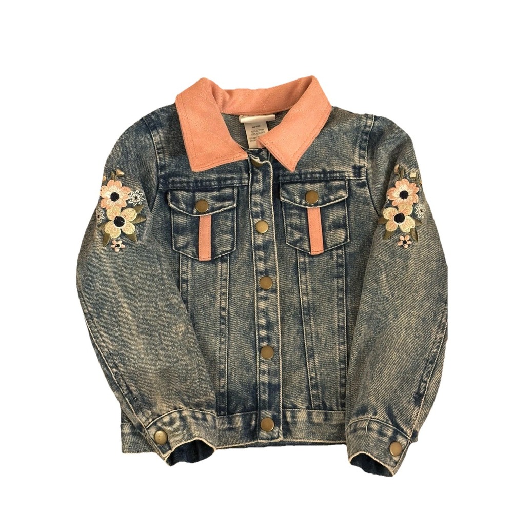 Toddler Girls Denim Jacket Size 5 Pink Floral Accents Button Front Jean Coat‎